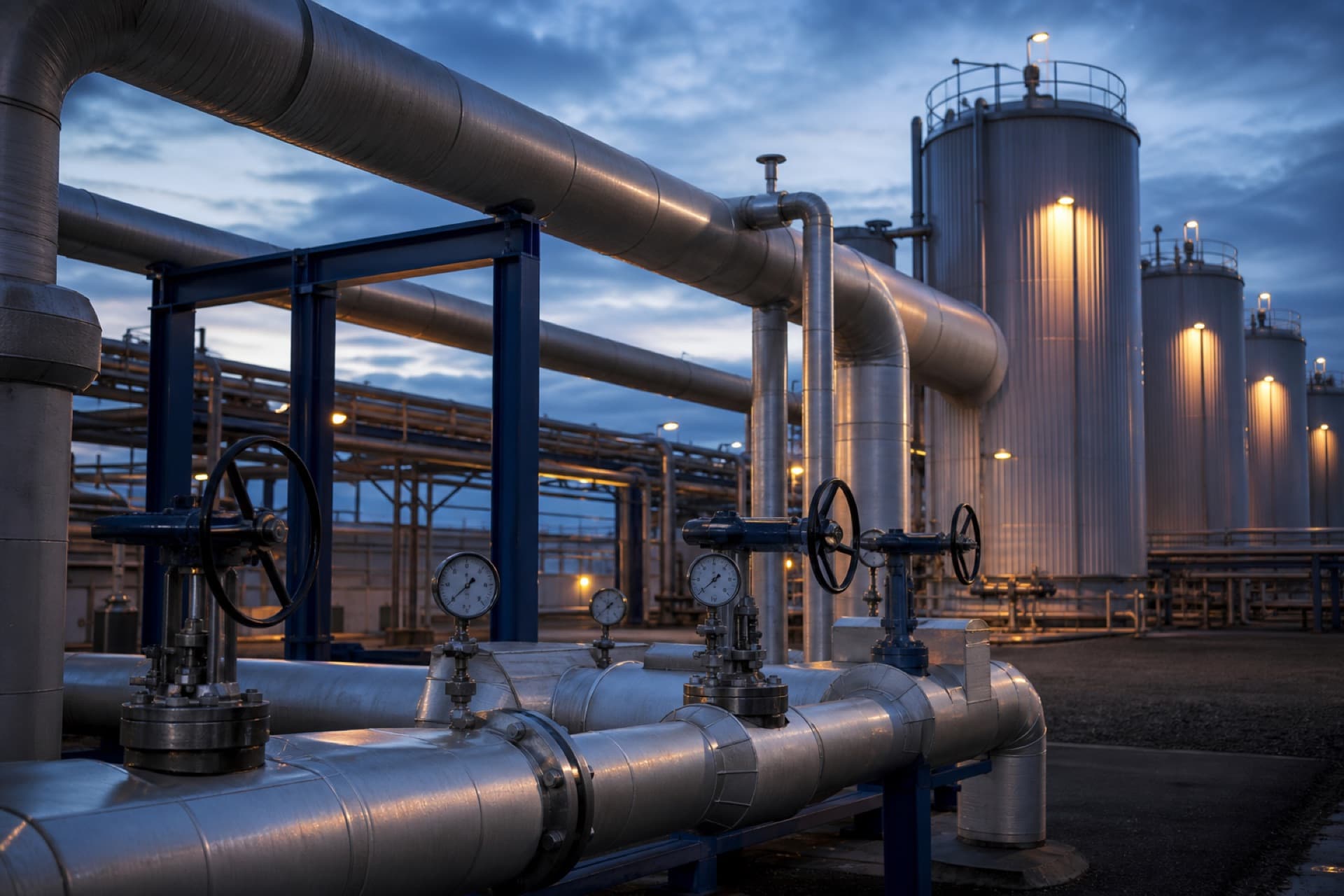 Steam piping and industrial tank farm at dusk